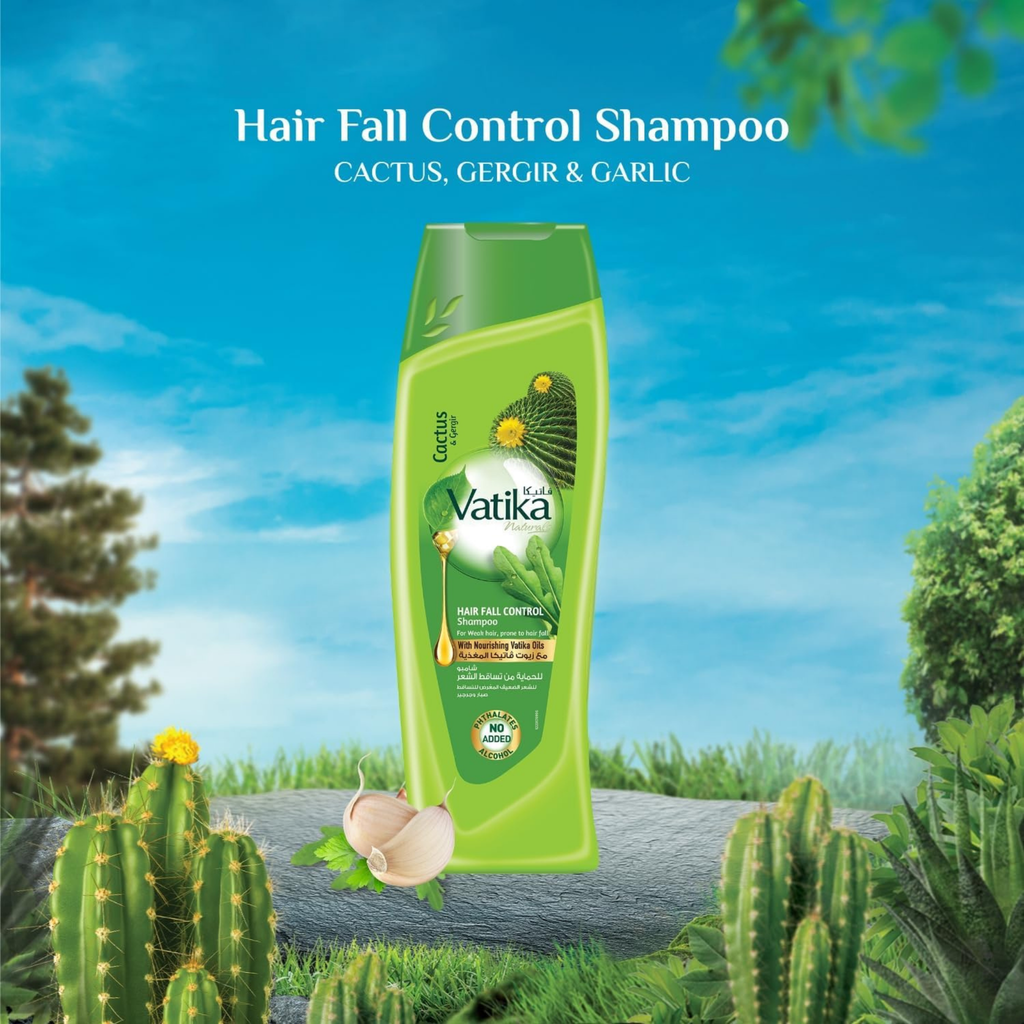 Vatika hair fall control shampoo bottle with natural elements in the background