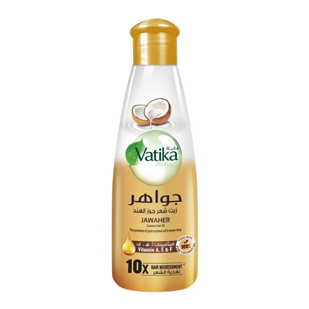Vatika coconut hair oil bottle on a white background