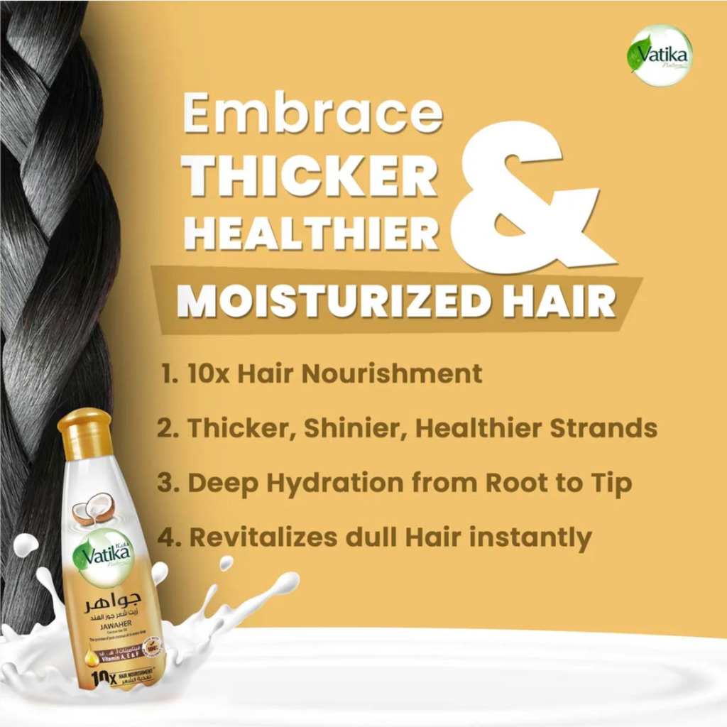 Vatika hair care product with text on a yellow background
