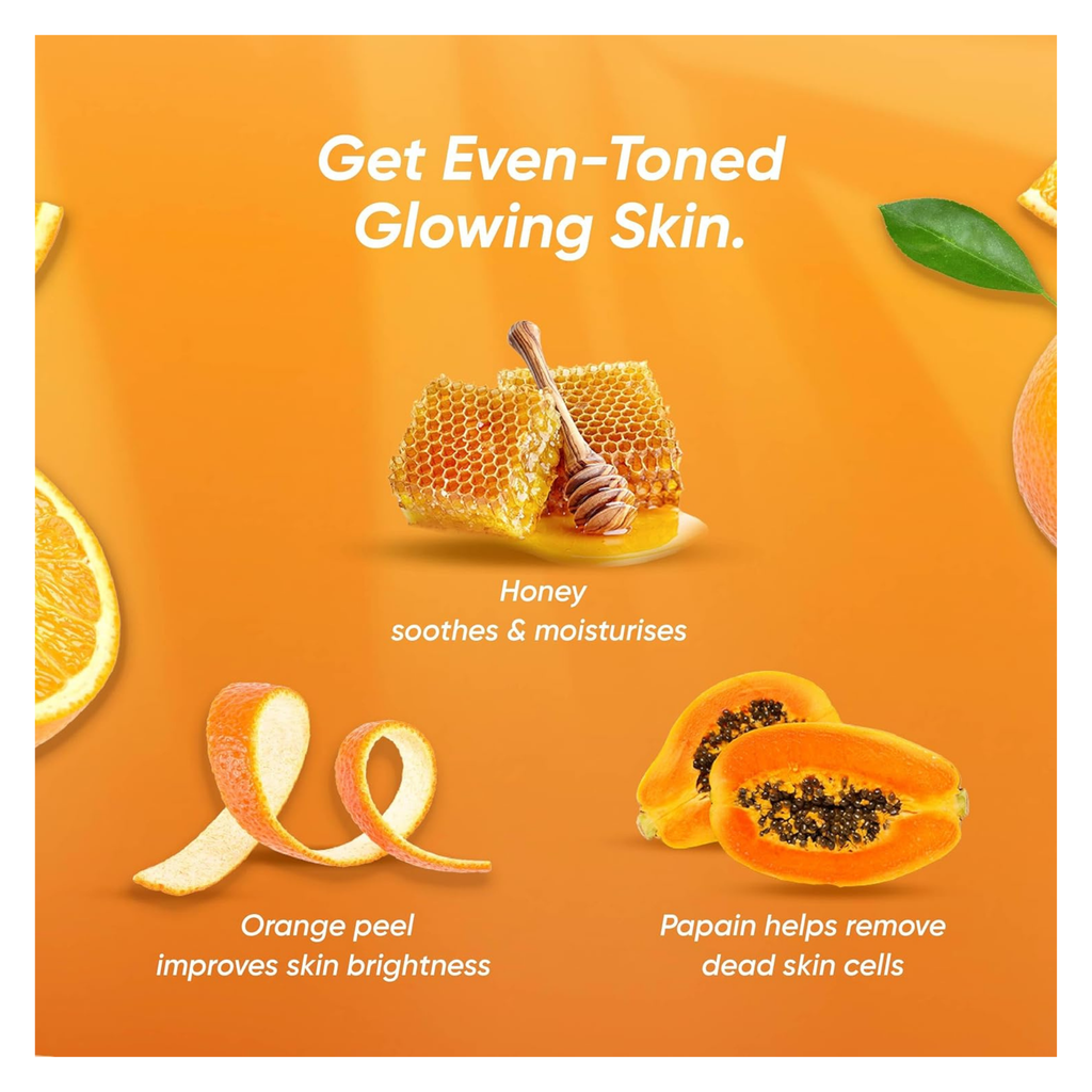 Advertisement for skin care benefits of honey, orange peel, and papaya on an orange background.