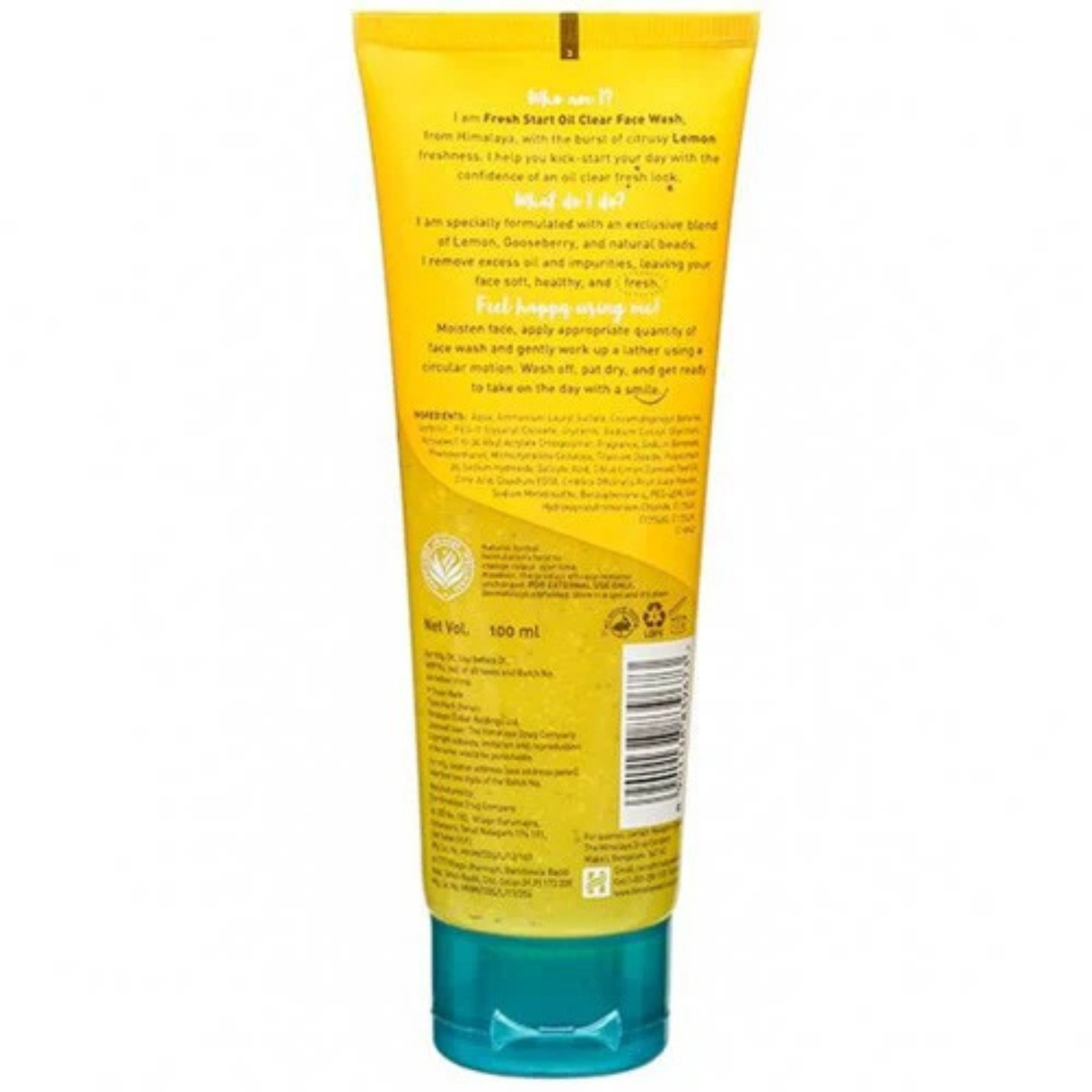 Yellow tube of face wash with text on a white background