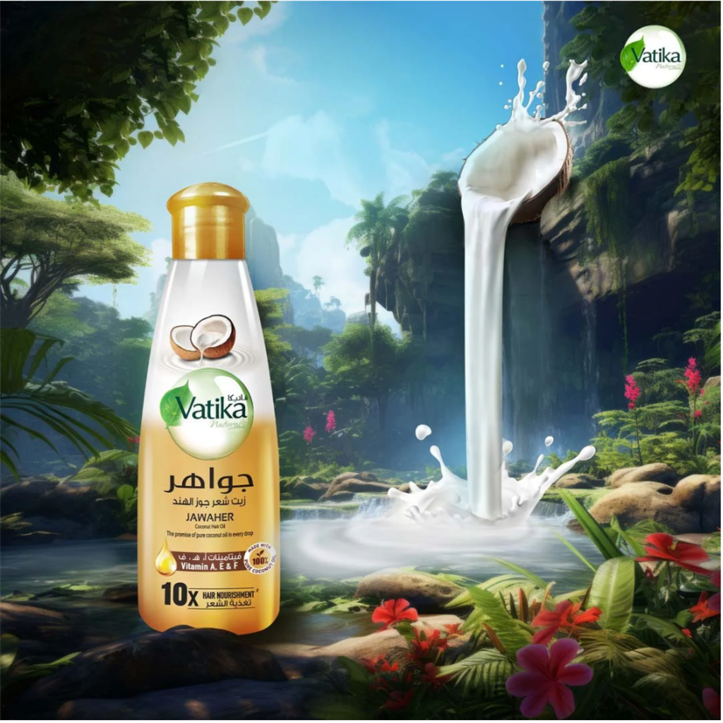 Vatika hair oil bottle with a scenic background