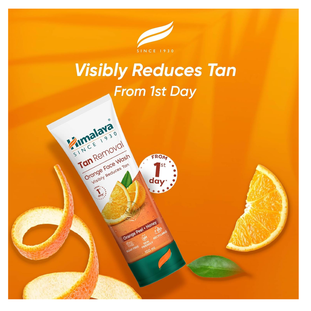 Himalaya Tan Removal Orange Face Wash on an orange background with text about tan reduction.