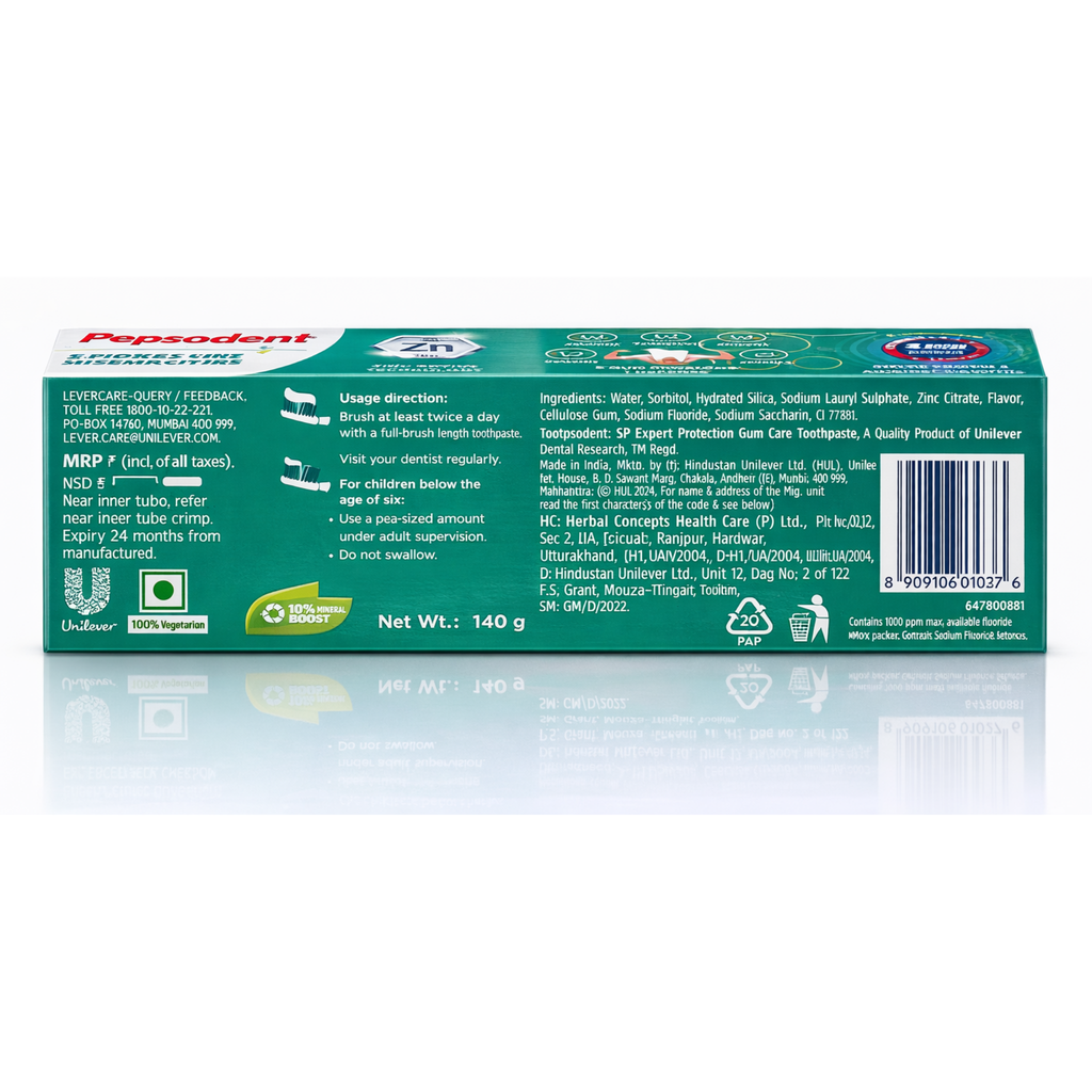 Unilever Pepino Toothpaste packaging with green and white design on a white background