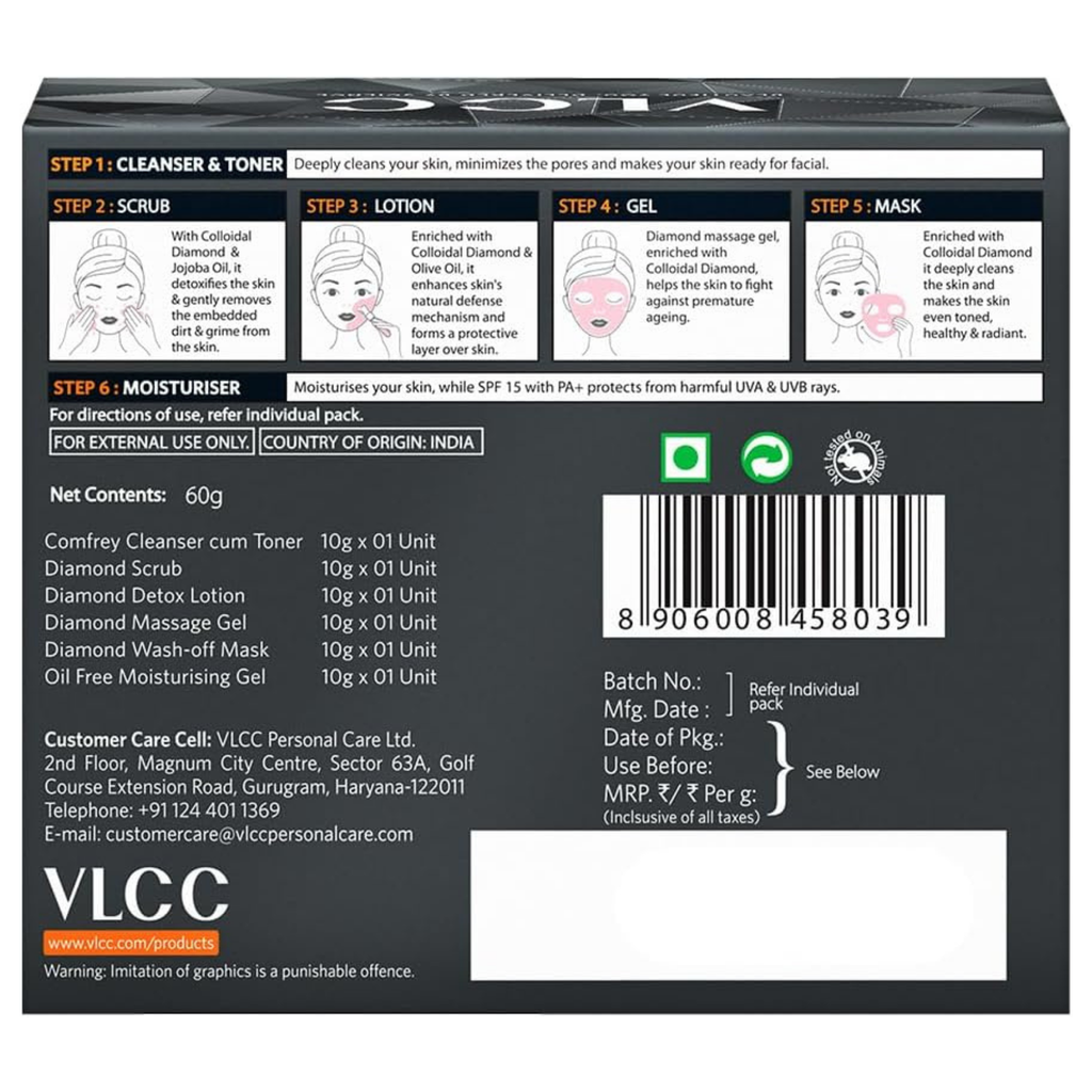 VLCC skincare product packaging with step-by-step instructions and product details.