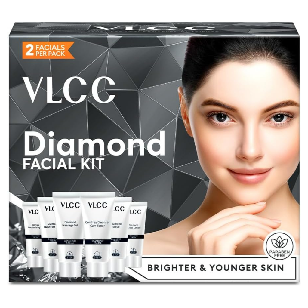 VLCC Diamond Facial Kit packaging with a woman's face on a geometric patterned background