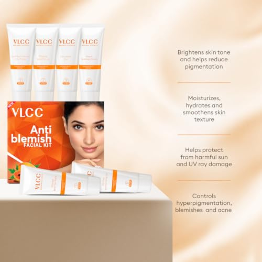 VLCC Anti Blemish Facial Kit packaging with a woman's face on a beige background