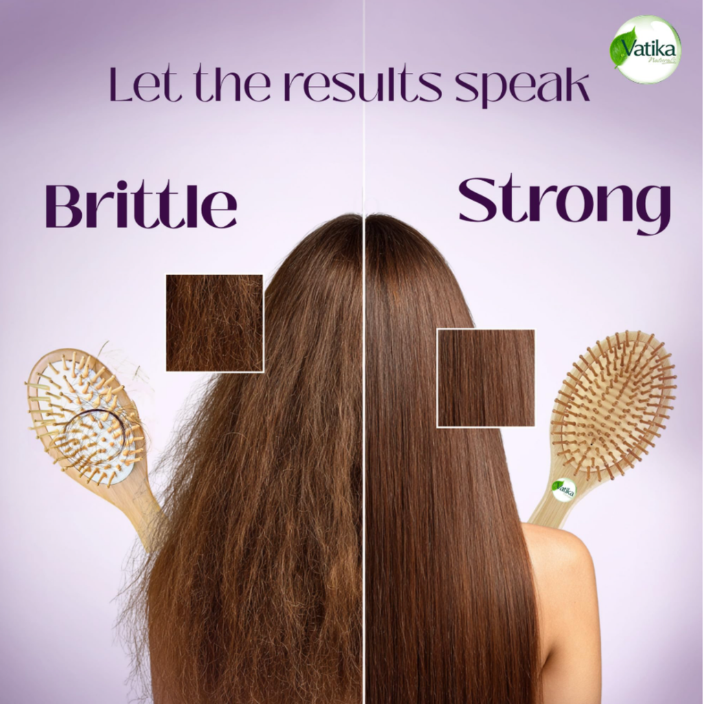 Comparison of brittle and strong hair with Vatika branding on a purple background.