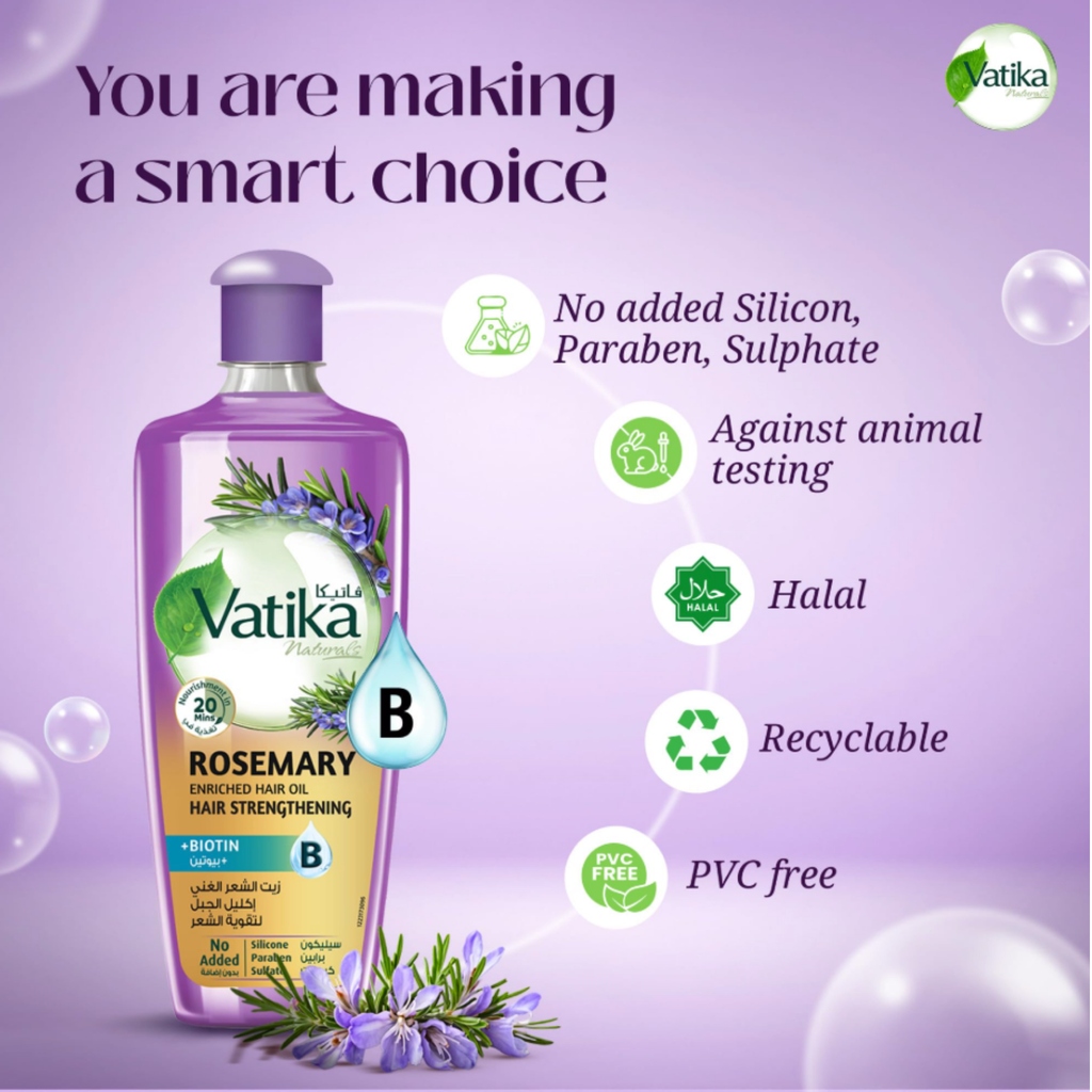 Vatika hair care product with features listed on a purple background