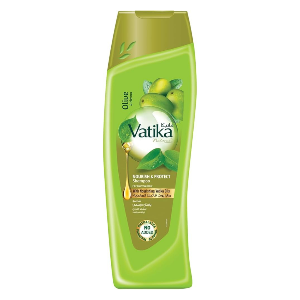 Vatika shampoo bottle with green and brown design on a white background