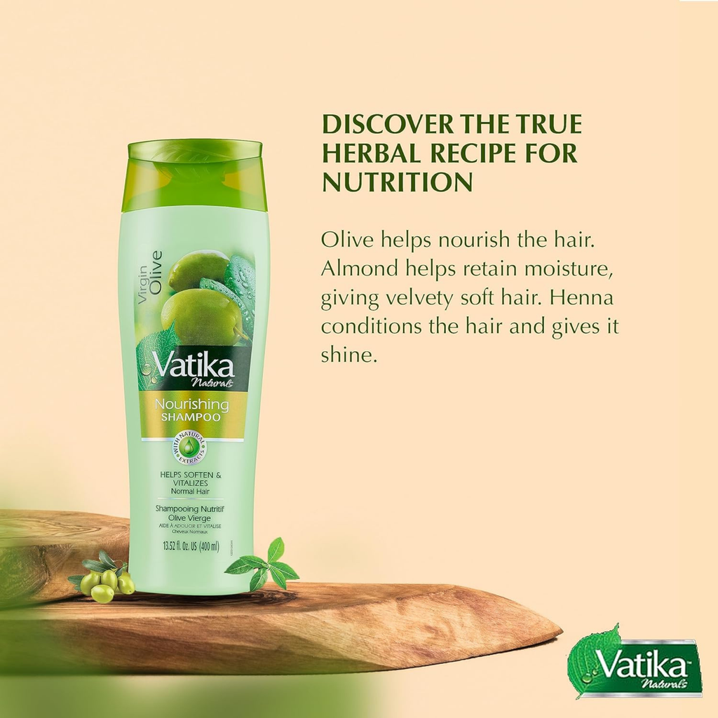 Vatika Nourishing Shampoo bottle with text on a beige background