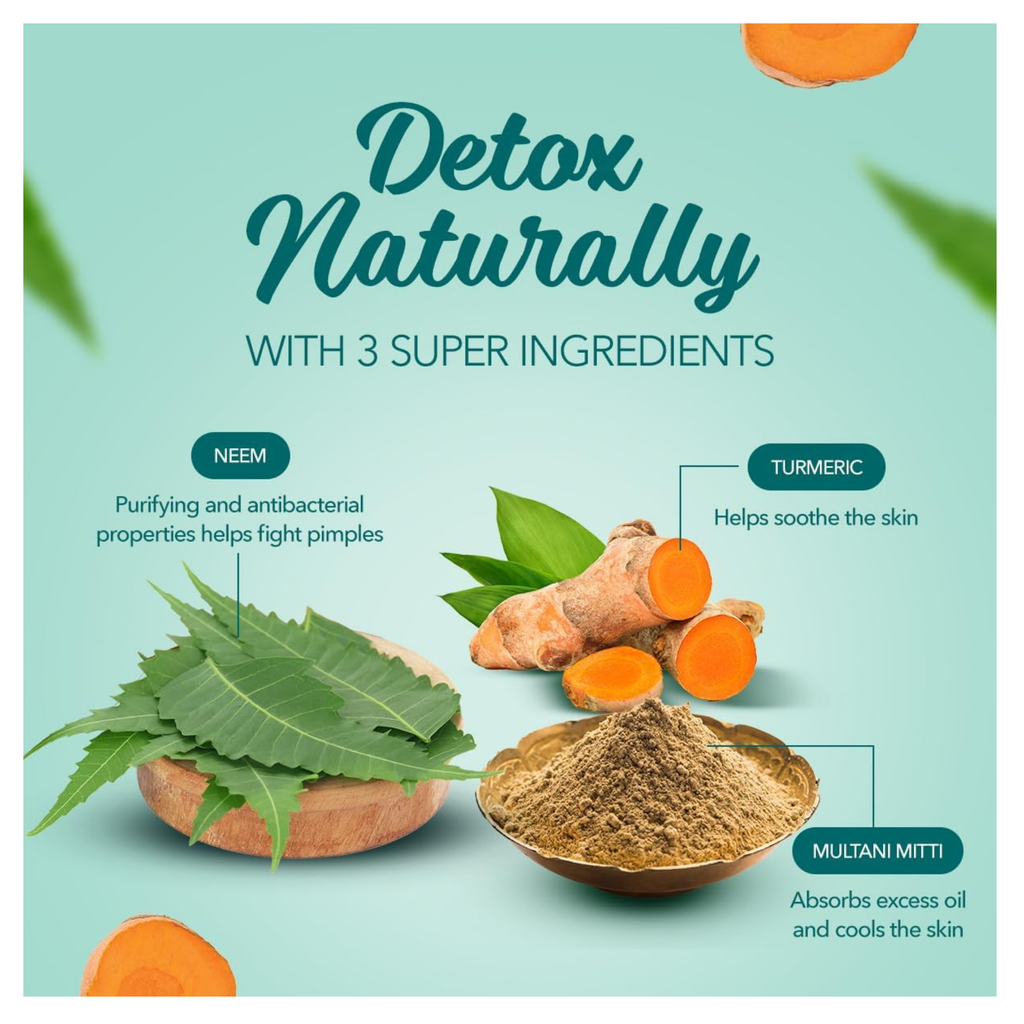 Detox naturally with 3 super ingredients including neem, turmeric, and multani mitti on a light blue background.