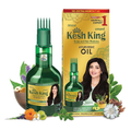 Kesh King Ayurvedic Oil bottle and packaging with a woman's face on the box, surrounded by greenery.