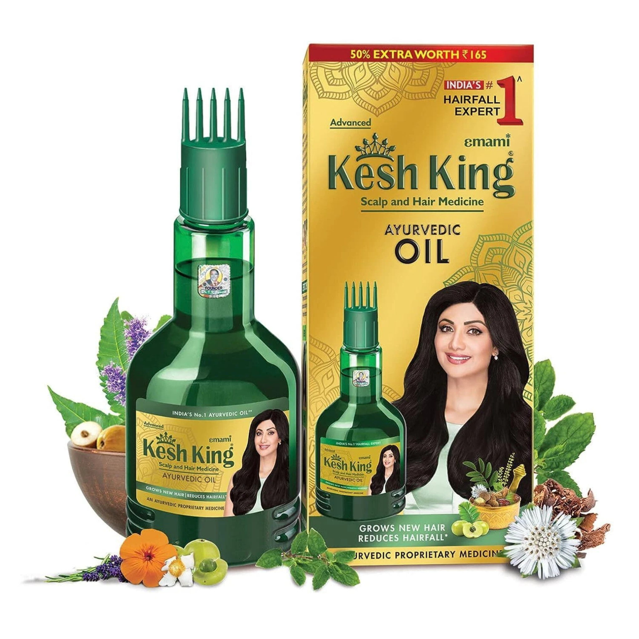 Kesh King Ayurvedic Oil bottle and packaging with a woman's face on the box, surrounded by greenery.