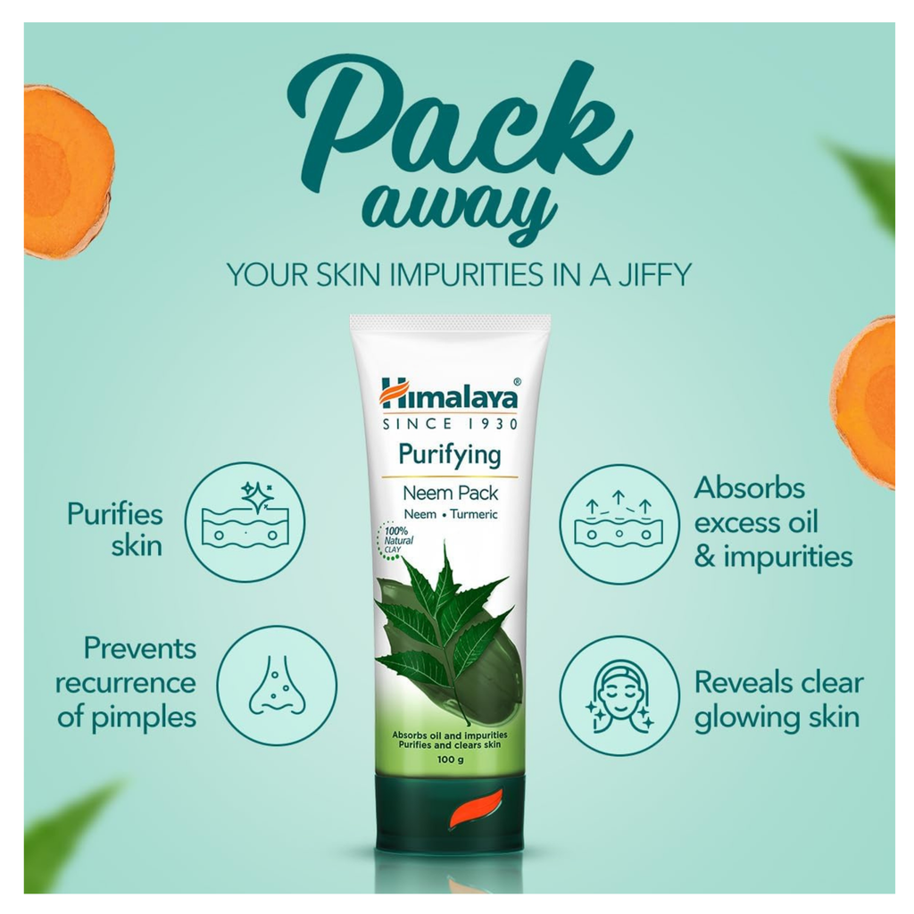 Himalaya Purifying Neem Pack tube with product benefits on a light green background
