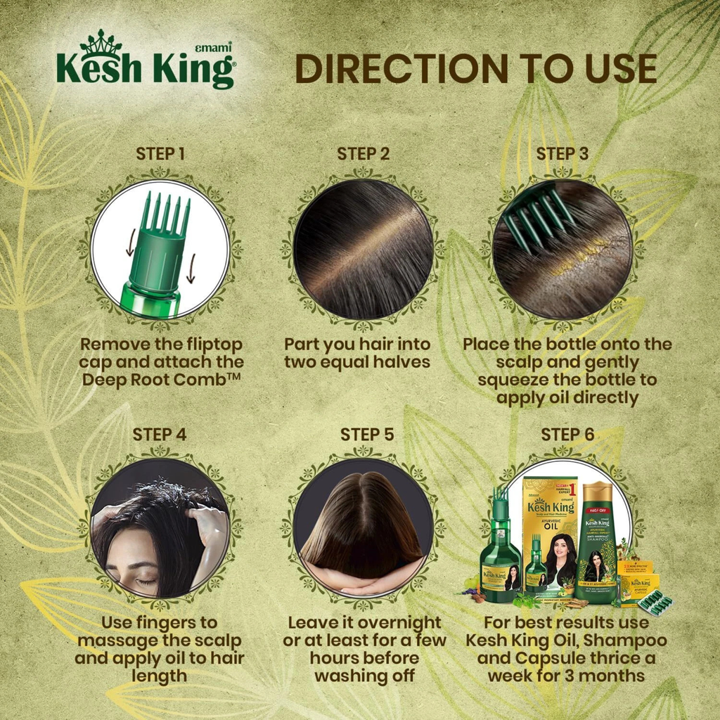 Kesh King hair care product usage guide with step-by-step instructions and product images.