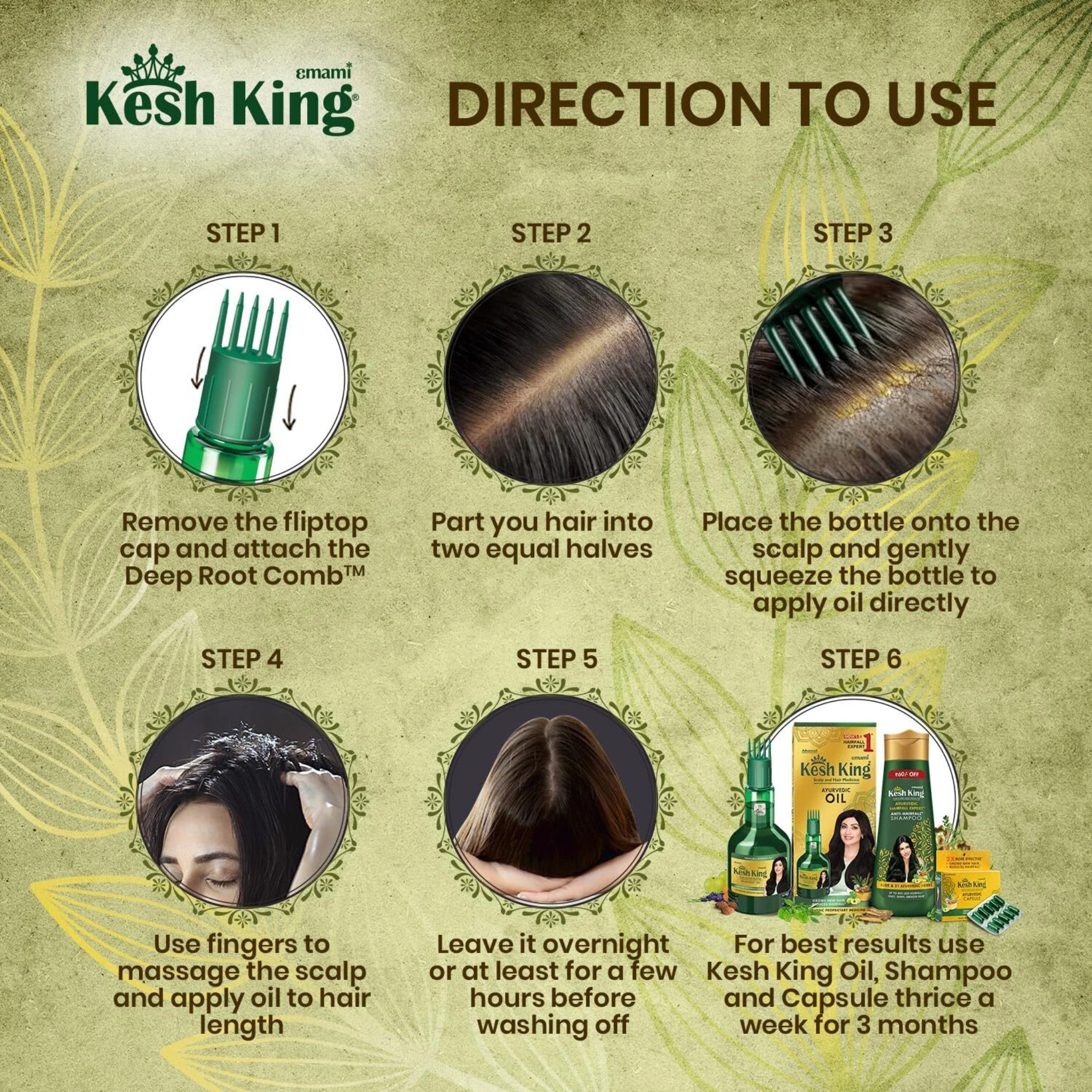 Kesh King hair care product usage guide with step-by-step instructions and product images.