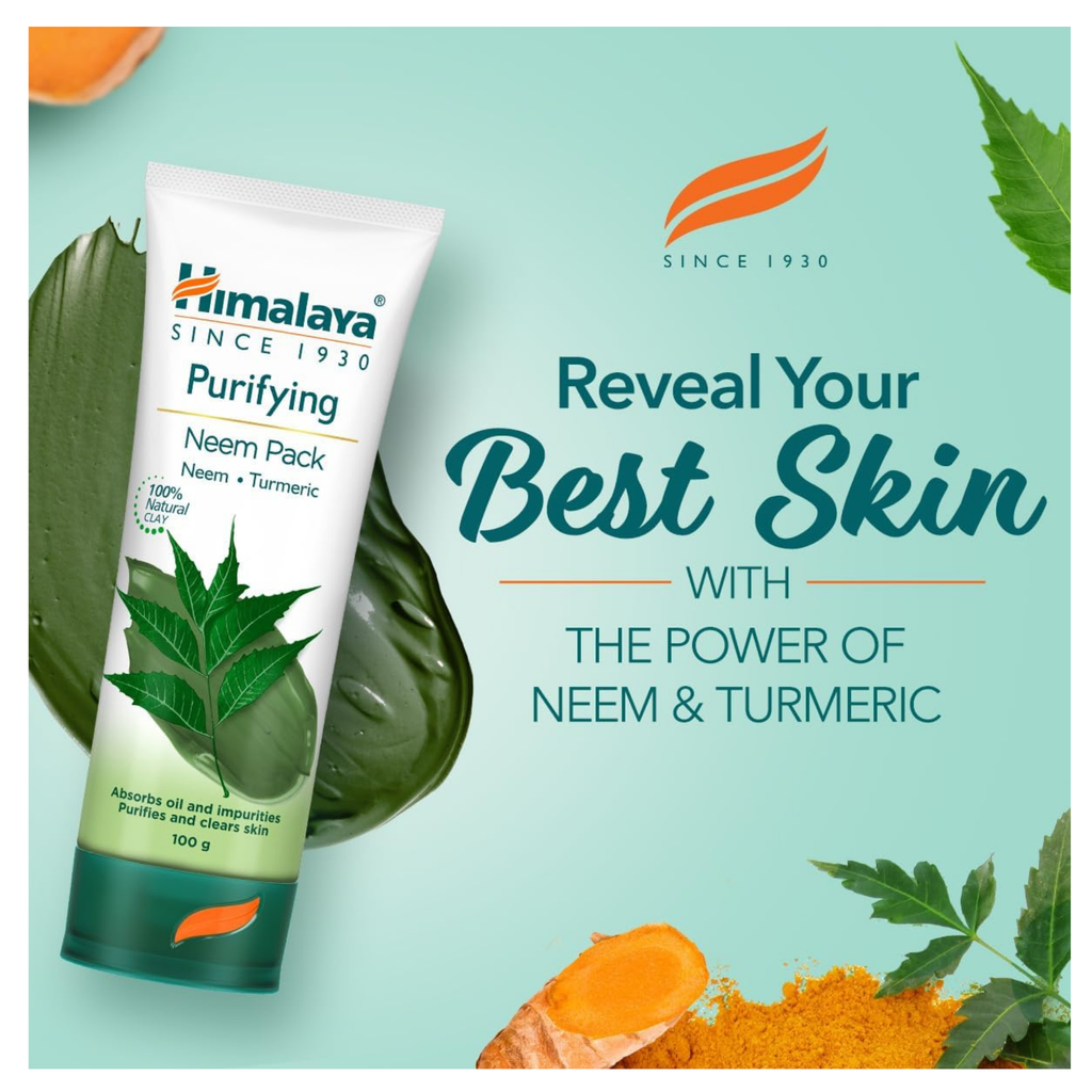 Himalaya Purifying Neem Pack tube with neem leaves and turmeric on a light blue background