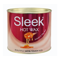 Can of Sleek hot wax with red label and gold lid on white background