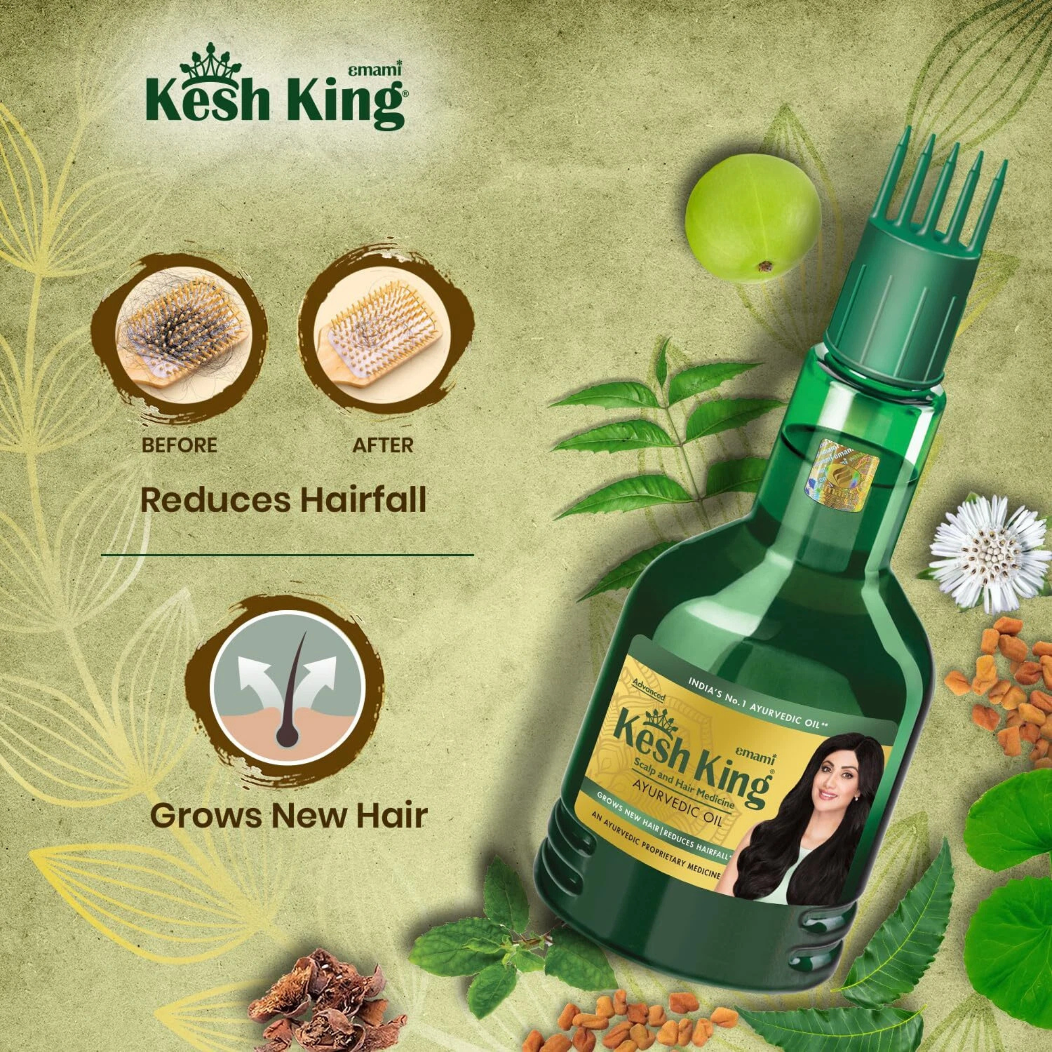 Kesh King hair care product with before and after effects on a green background