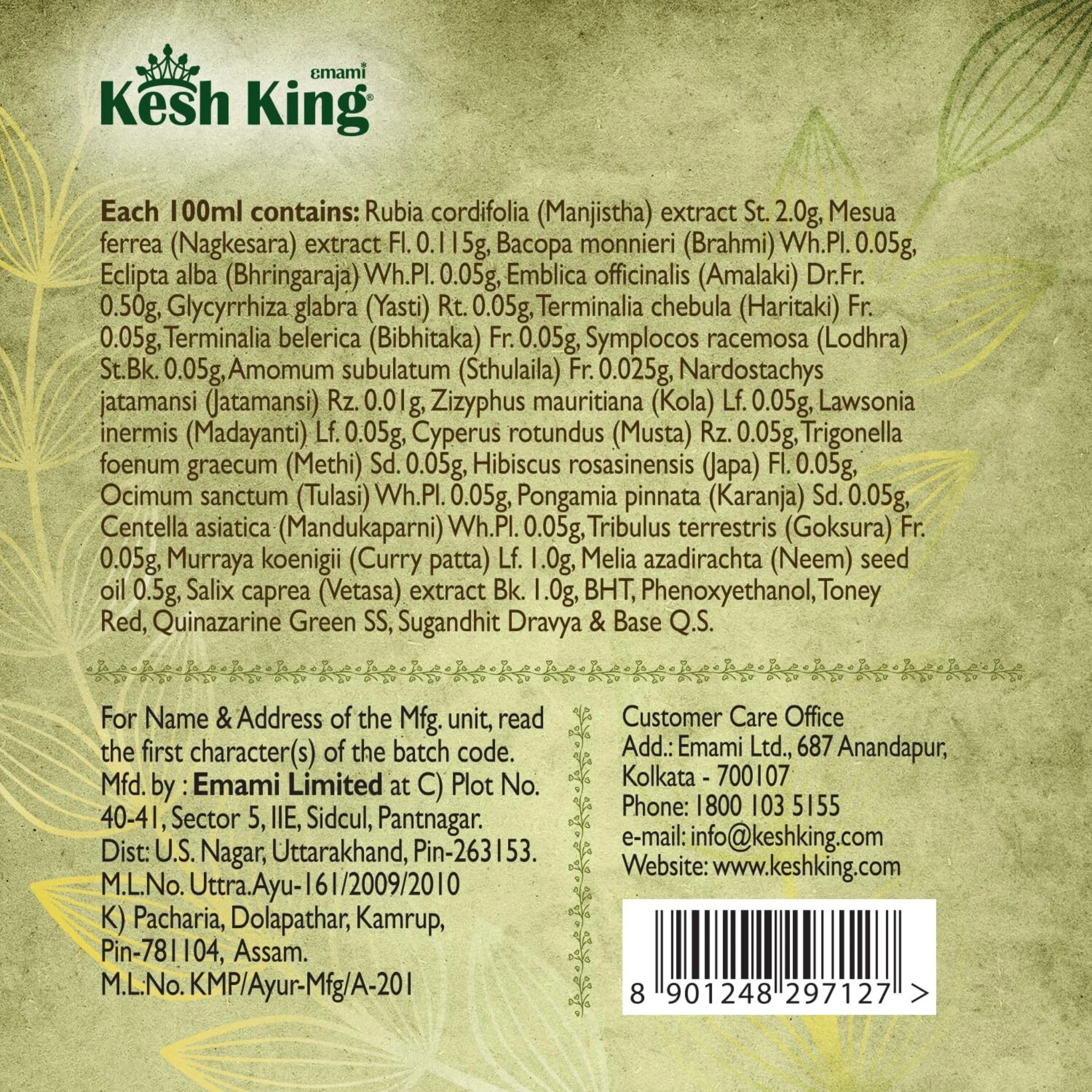 Back label of Kesh King product with text and branding