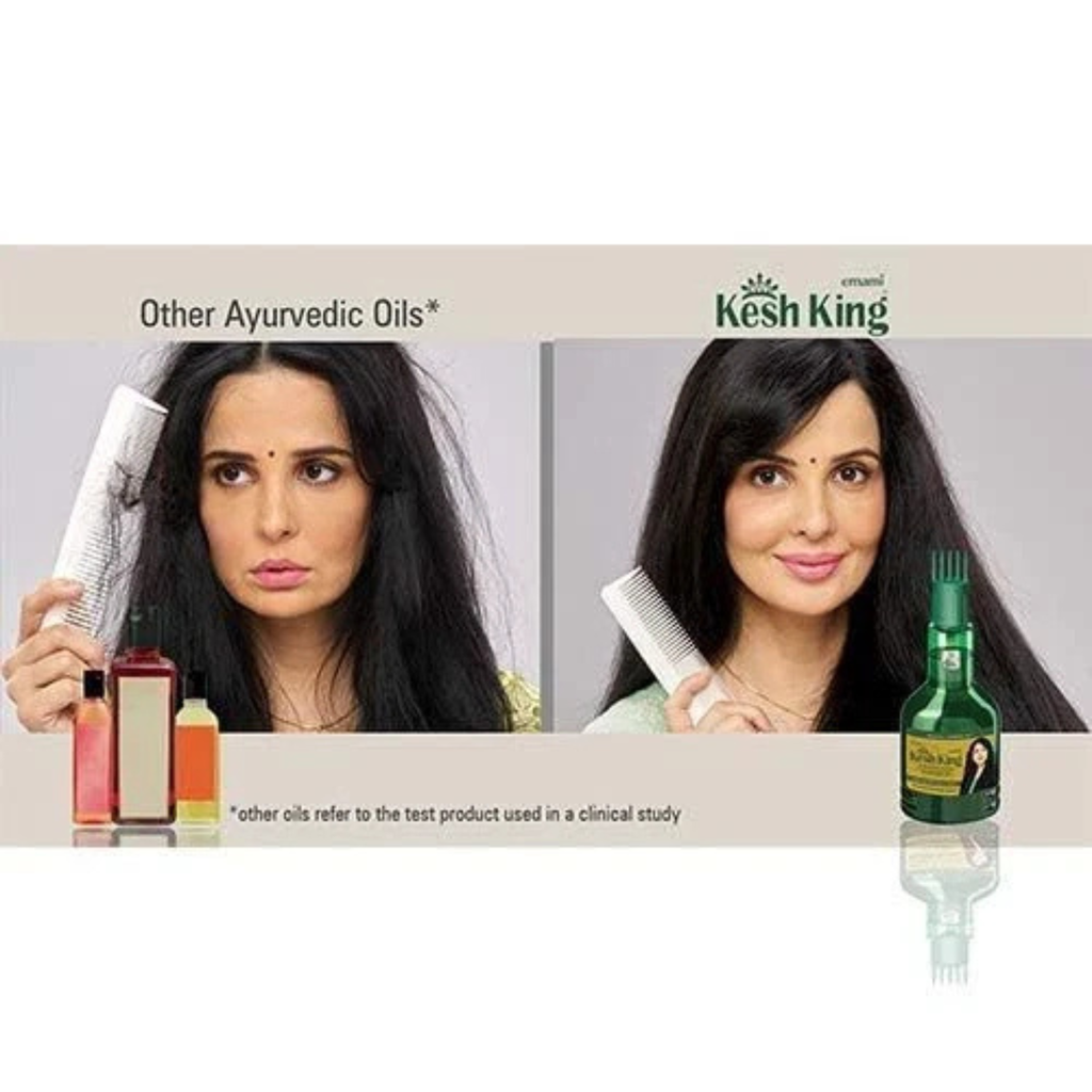 Advertisement for Kesh King hair care products showing a woman with long black hair holding a bottle and comb.
