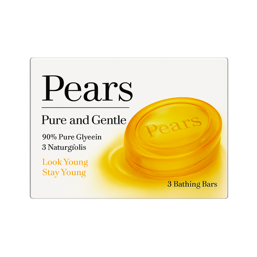 Pears soap packaging with a yellow soap bar on a white background