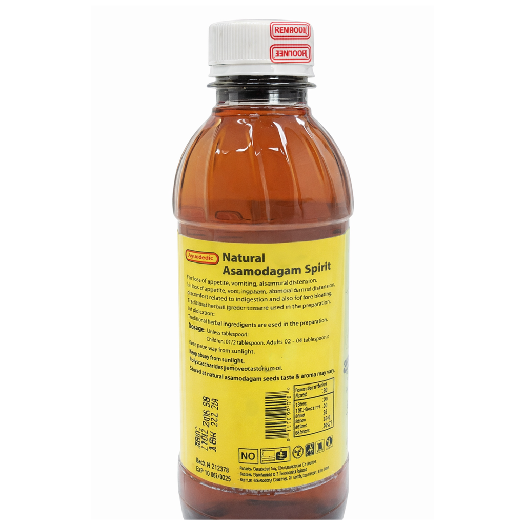 Bottle of 'Natural Asmodadgam Spirit' with a white cap on a white background