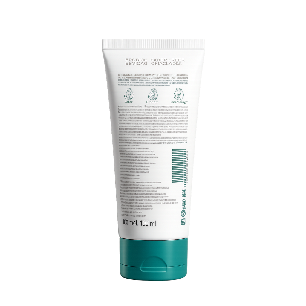 Tube of cream with a white label and green base on a white background