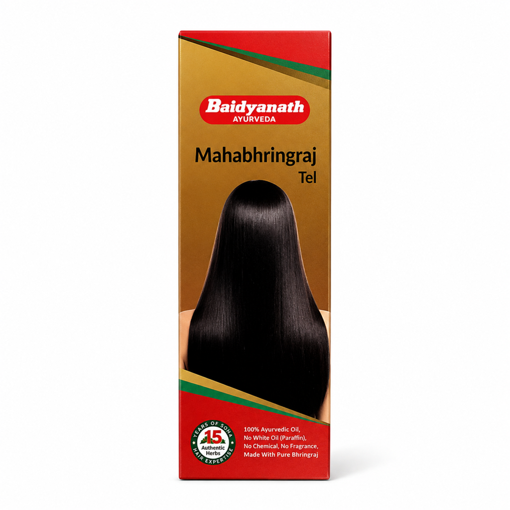 Baidyanath Ayurveda Mahabhringraj Tel packaging on a white background