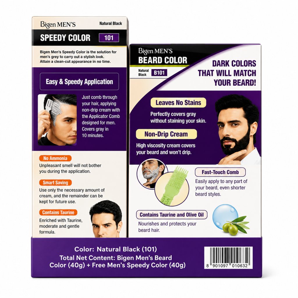 Two boxes of Bigen Men's Beard Color with product details and images on a white background.