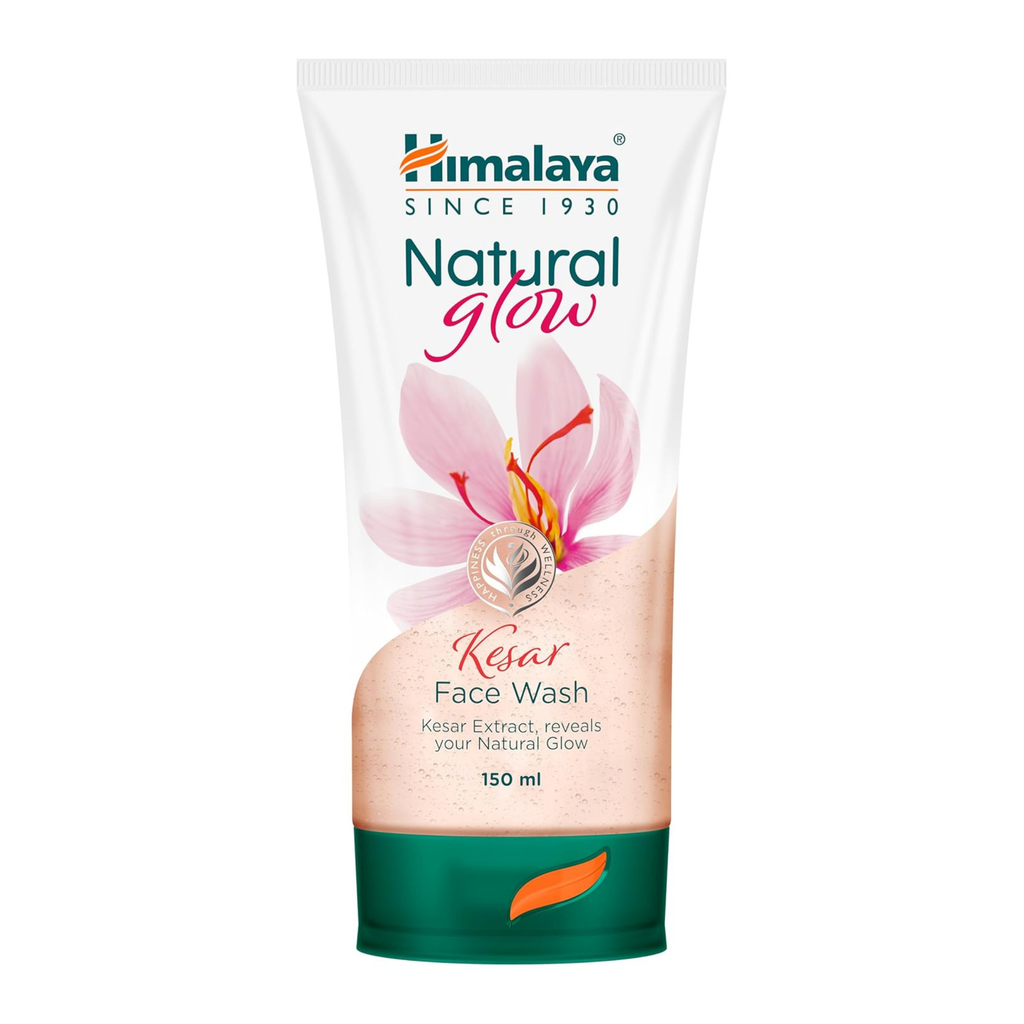 Himalaya Natural Glow Kesar Face Wash packaging with a pink flower design on a white background