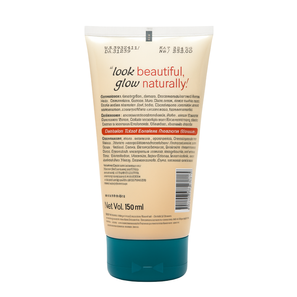 Cosmetic tube with 'look beautiful, glow naturally!' text on a white background