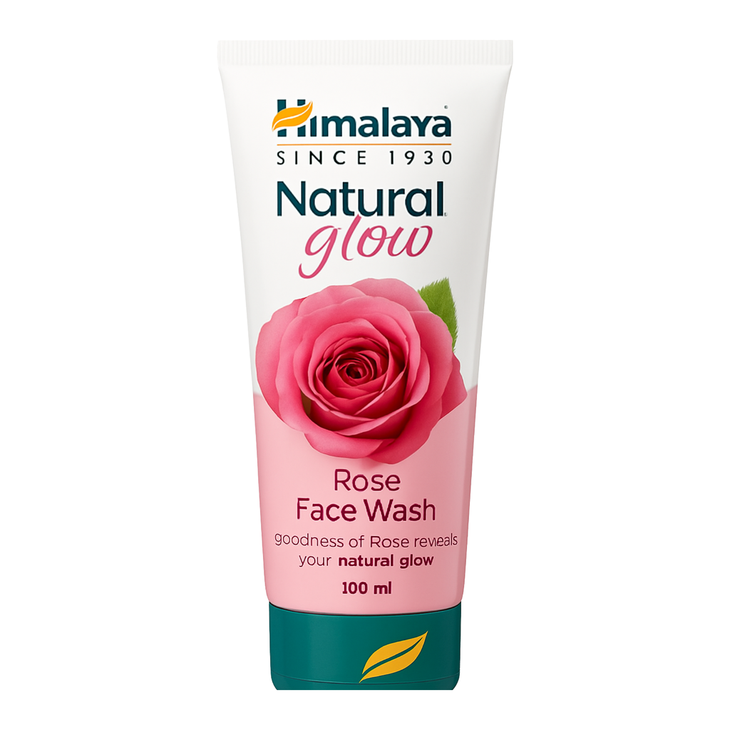 Himalaya Natural Glow Rose Face Wash tube with a pink rose on a white background