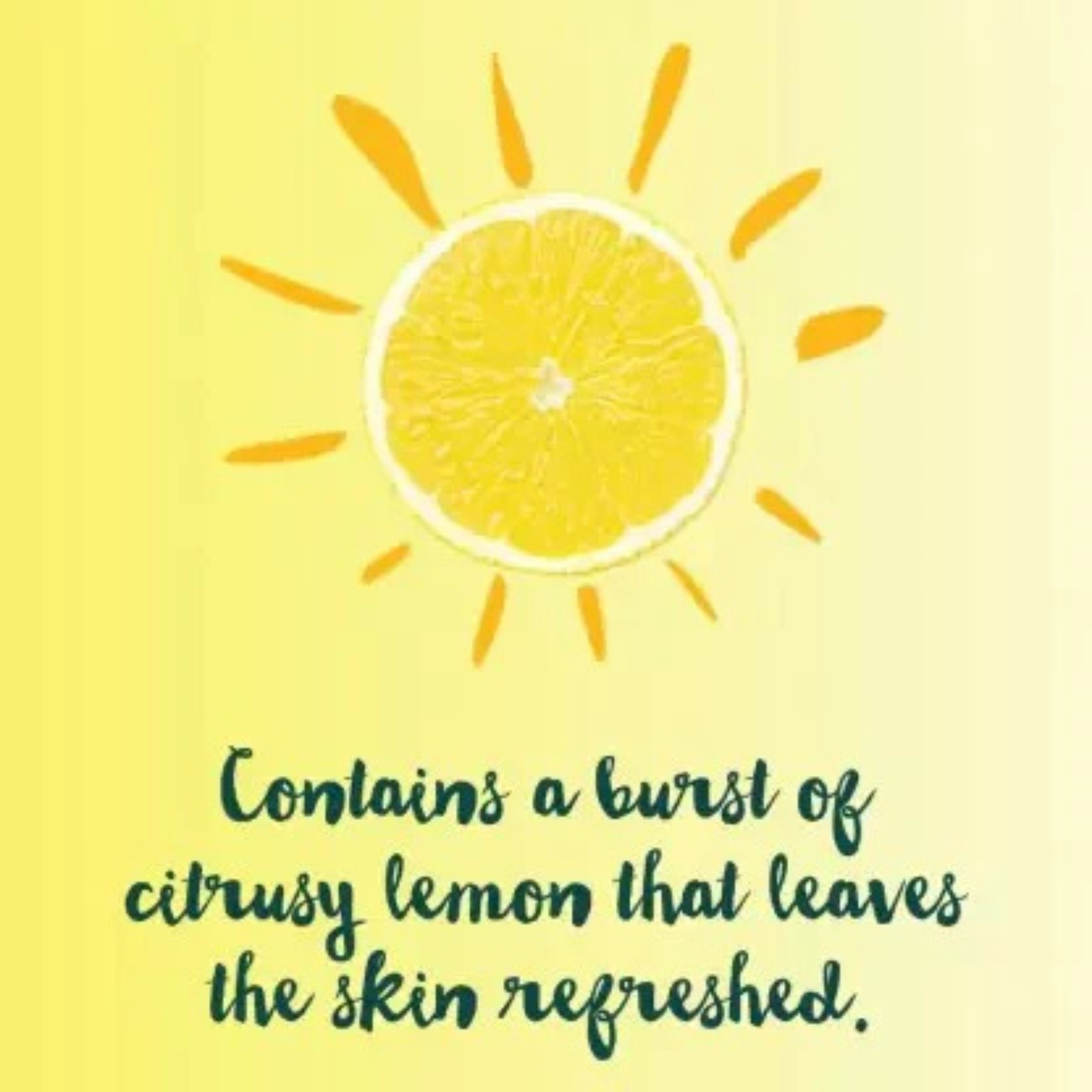 Lemon slice with sun rays on a yellow background and text about citrusy lemon.