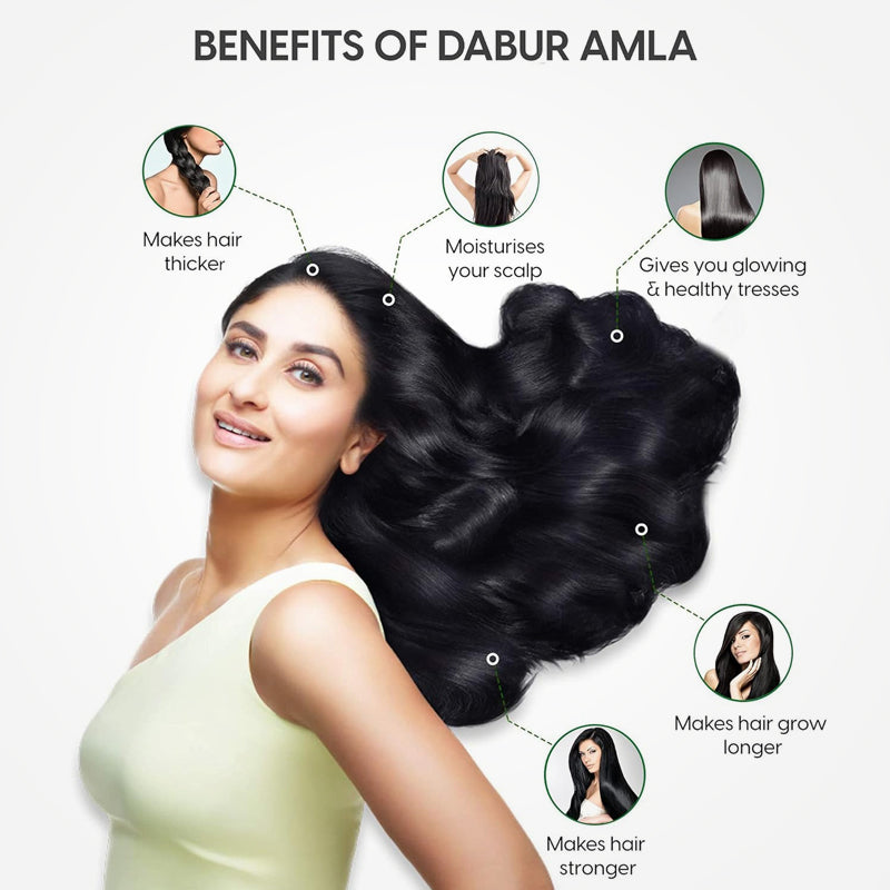 Woman with long, black hair with text on the benefits of Dabur Amla.