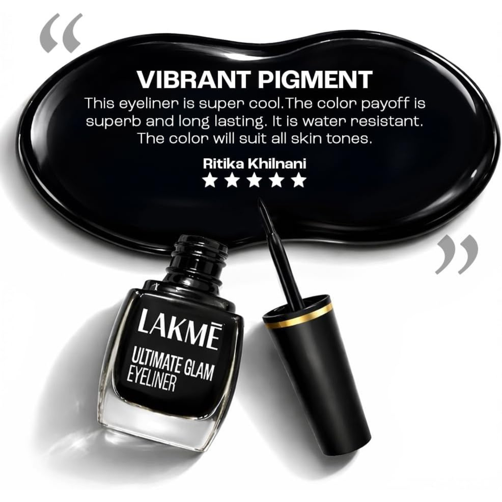 Lakme Ultimate Glam Eyeliner with a black eyeliner pencil on a white background, featuring a review quote.