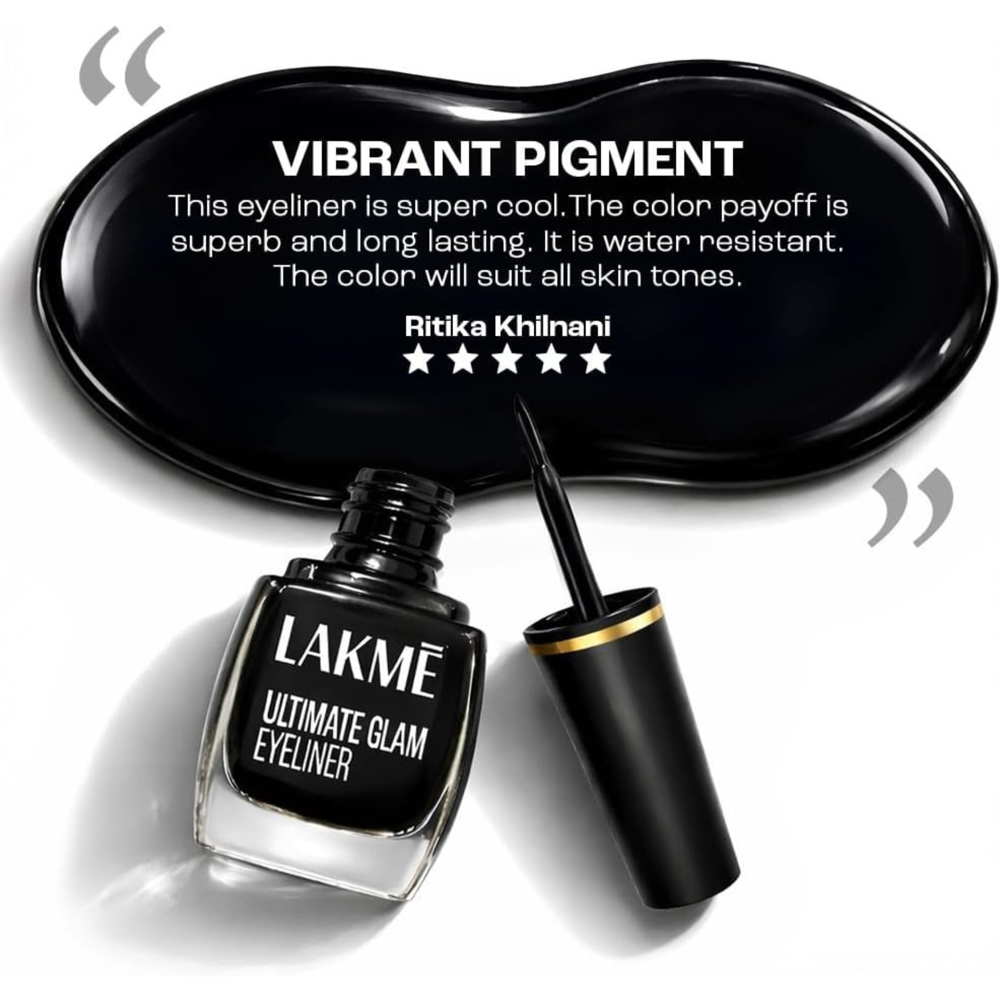 Lakme Ultimate Glam Eyeliner with a black eyeliner pencil on a white background, featuring a review quote.