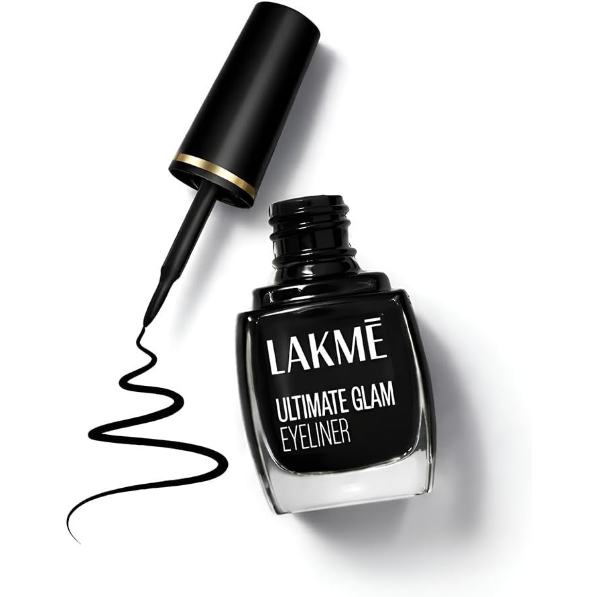 Lakme Ultimate Glam Eyeliner bottle with applicator on a white background