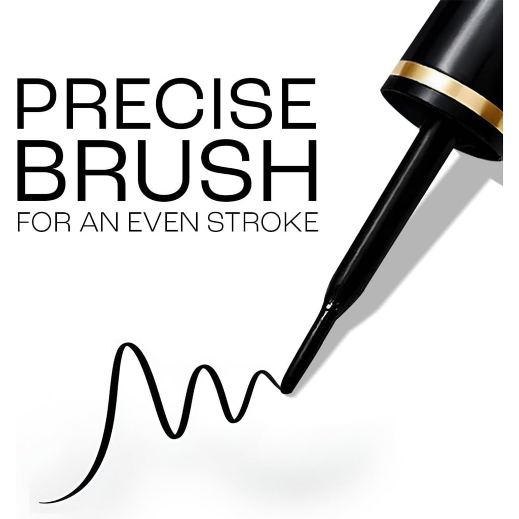 Black eyeliner pen with a gold accent, drawing a line on a white background, labeled 'Precise Brush for an Even Stroke'.