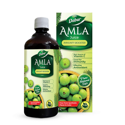 Dabur Amla Juice Immunity booster juice and packaging on a white background