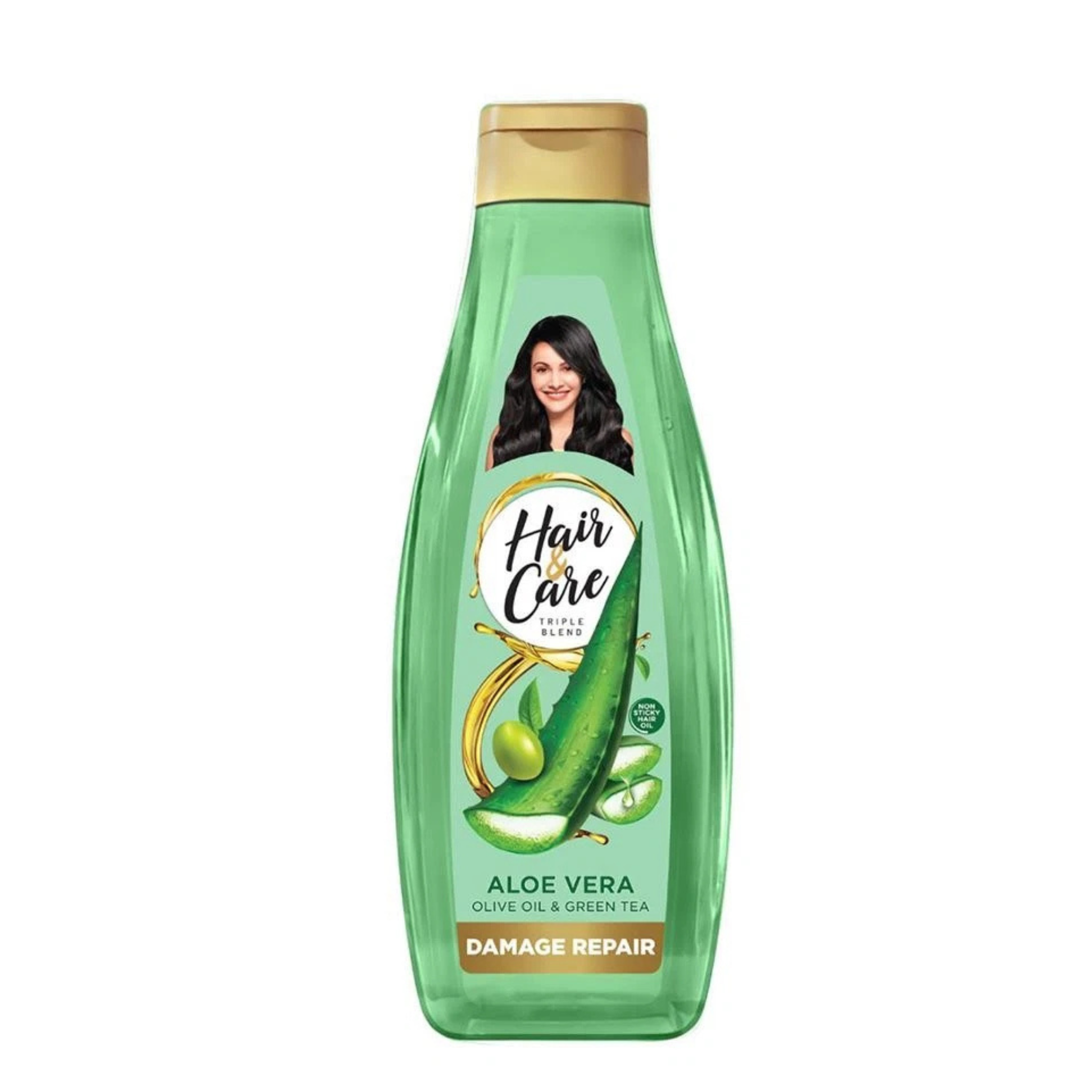 Green bottle of Hair & Care shampoo with a gold cap on a white background