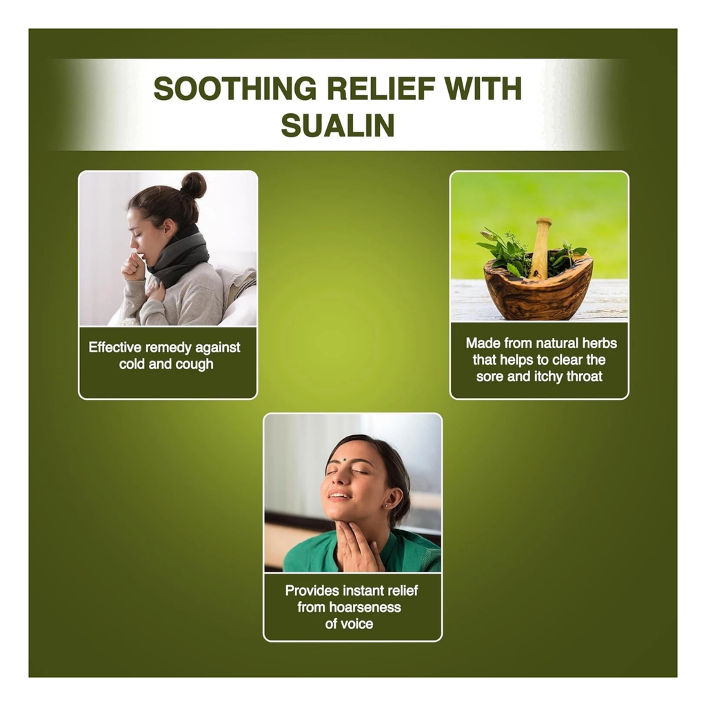 Promotional graphic for Sualin remedy with images of a woman and text about its benefits on a green background.