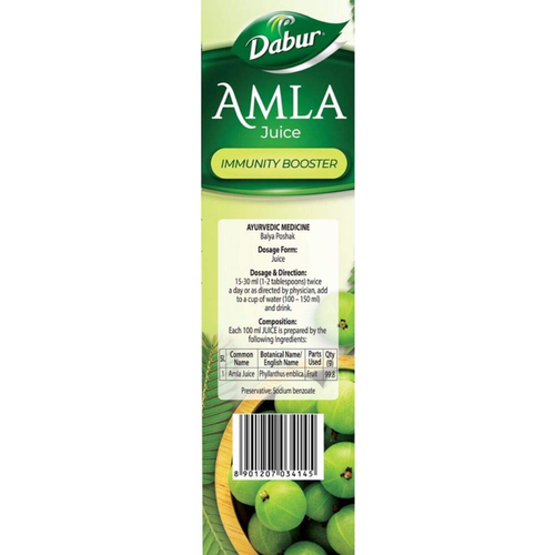 Dabur Amla Juice Immunity Booster packaging with green background and Amla fruits.