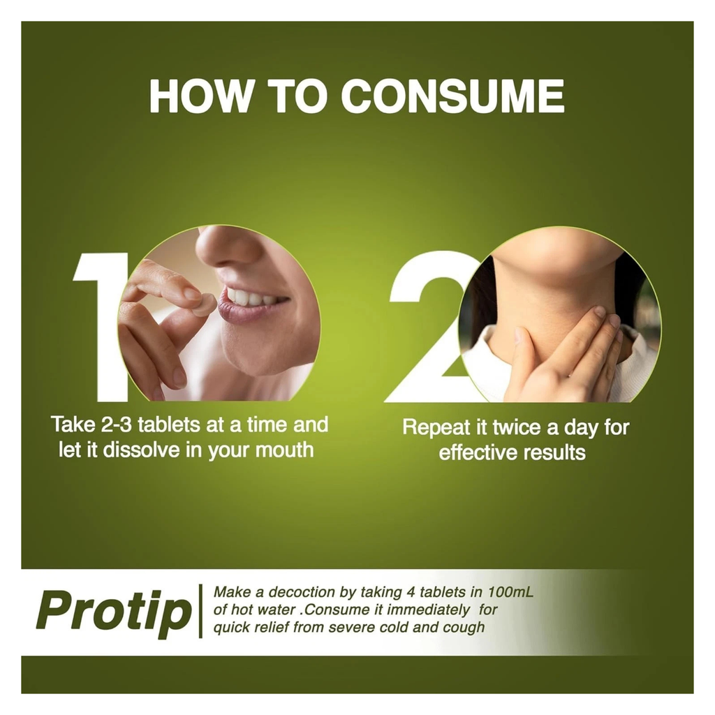 Instructions on how to consume a product with text and images of hands on a green background