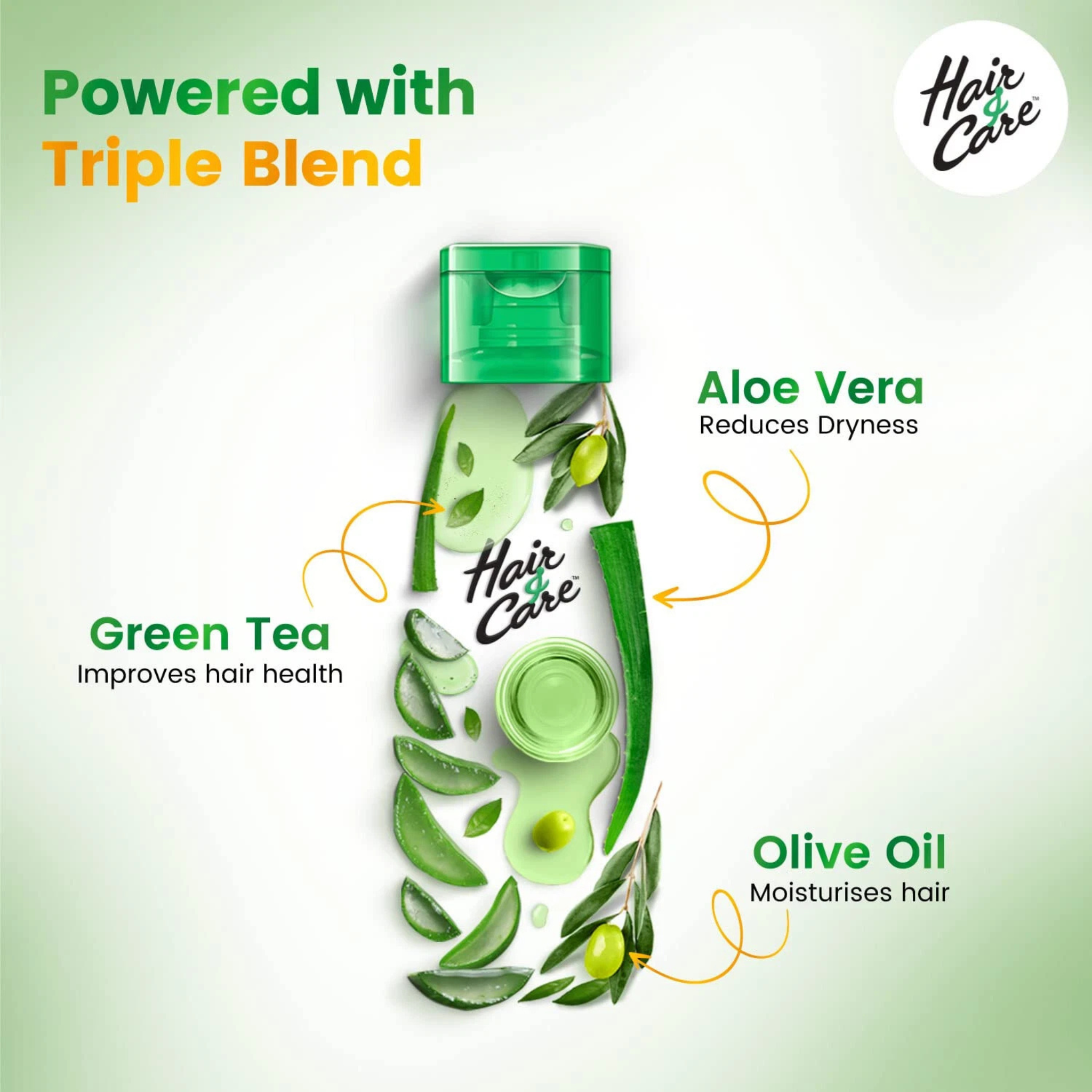 Hair care product with ingredients Aloe Vera, Green Tea, and Olive Oil on a green background.