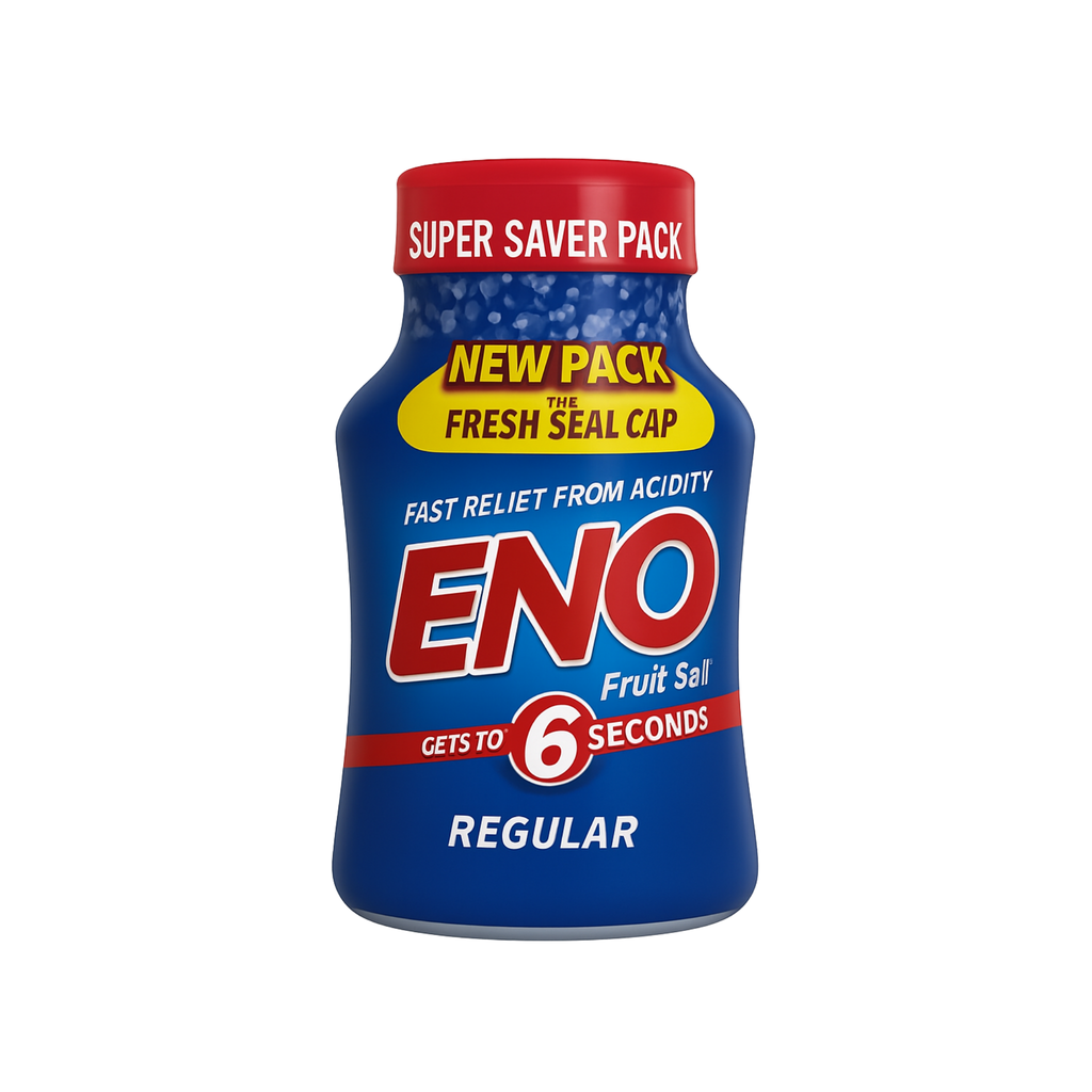 Blue and red Eno fruit salt packaging on a white background