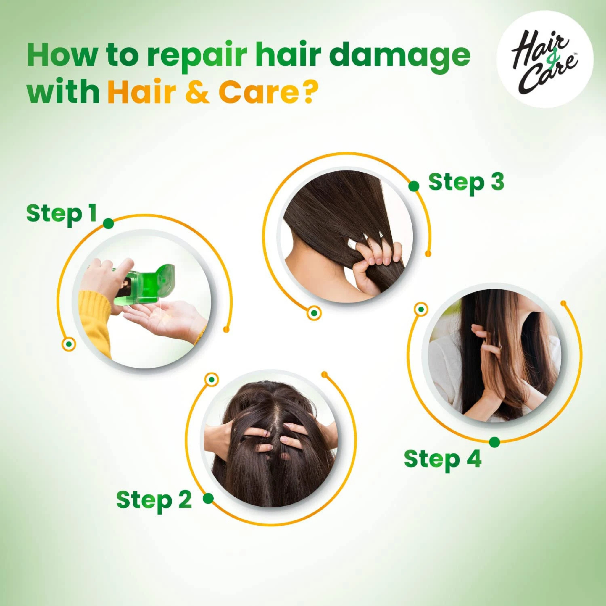 Step-by-step guide on repairing hair damage with 'Hair & Care' product on a green background.