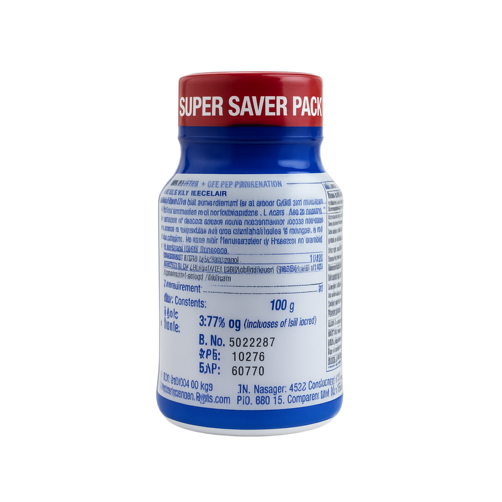 Bottle with red cap and blue label on a white background