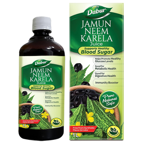 Dabur Jamun Neem Karela Juice blood sugar support supplement drink and packaging on a white background